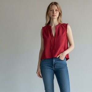 NWT Day Moon Size S Elegant Red Sleeveless Blouse with Ruffled Tie Front